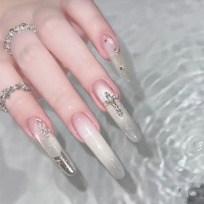 Elegant Decorative Press-On Nail Set with Rhinestone Cross Accents Acalora