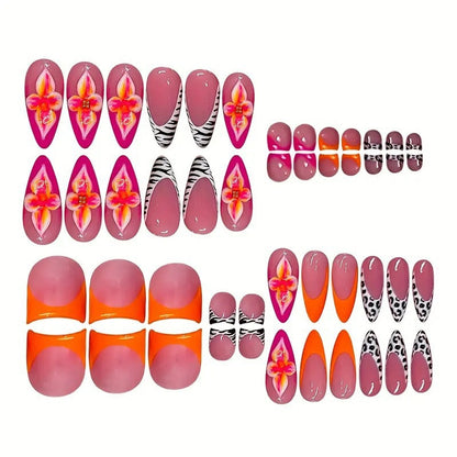 Artistic Press-On Nail Set with Floral and Geometric Accents Acalora