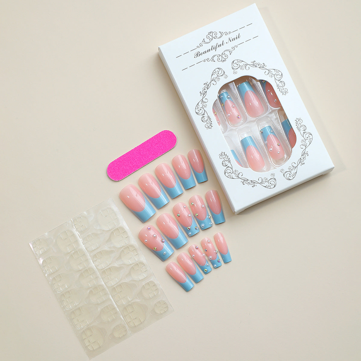 Premium Decorative Press-On Nail Set with Elegant Blue Tips and Jewel Accents Acalora