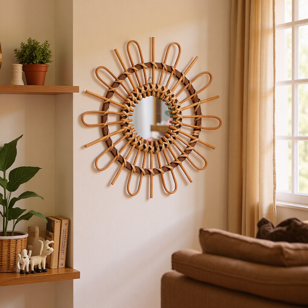 Trendy Round Wall Mirror with Rattan Frame Acalora