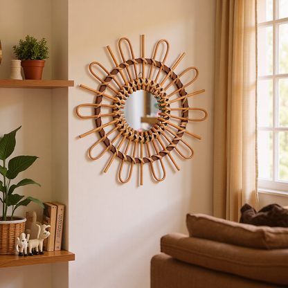 Trendy Round Wall Mirror with Rattan Frame Acalora