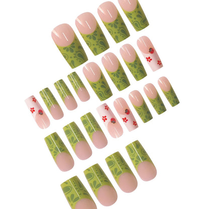 Floral Design Press-On Nails with Leaf Accents Acalora