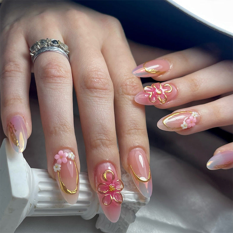 Decorative Press-On Nail Art Set with Elegant Floral and Gold Accents Acalora