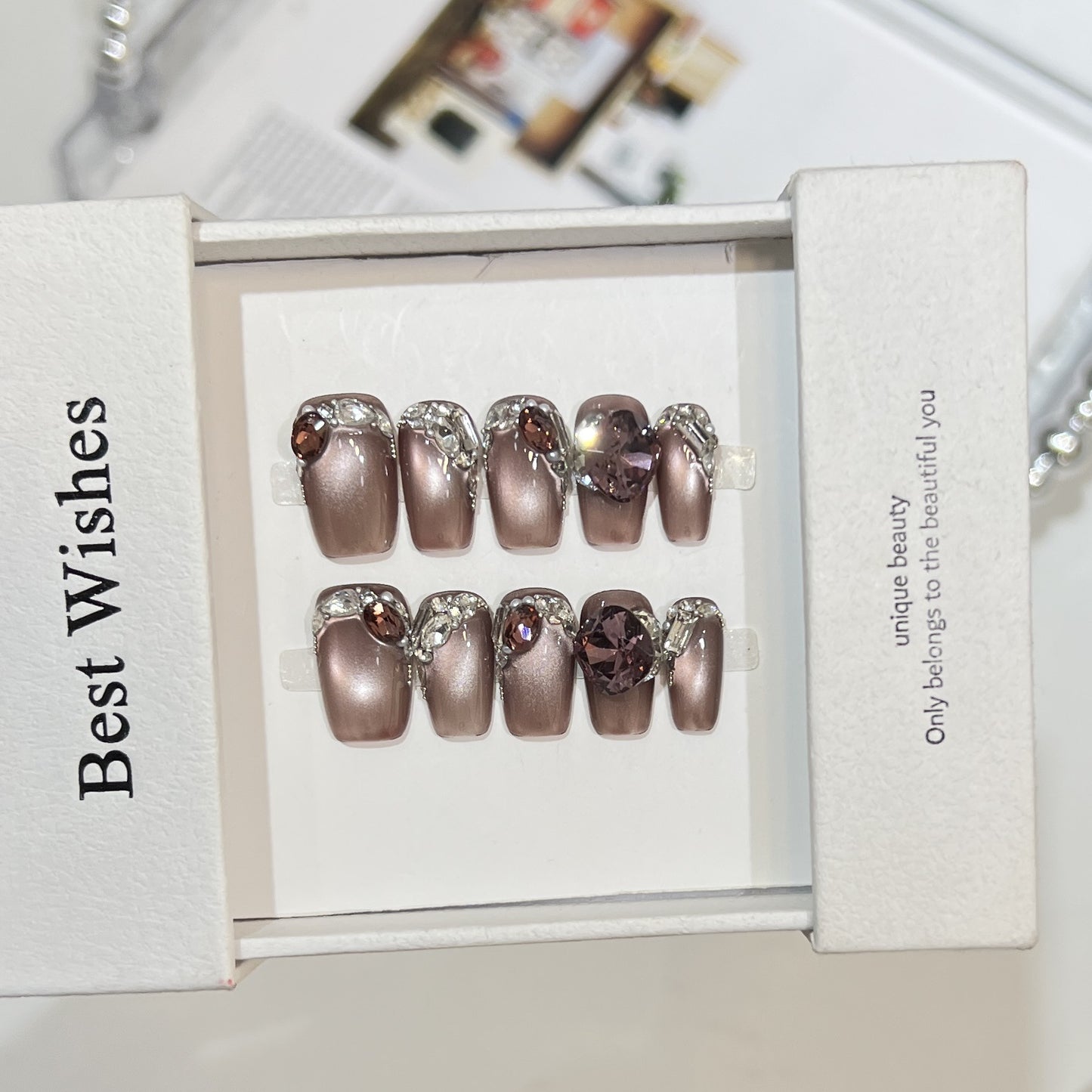 Decorative Press-On Nail Design with Gemstone Accents Acalora