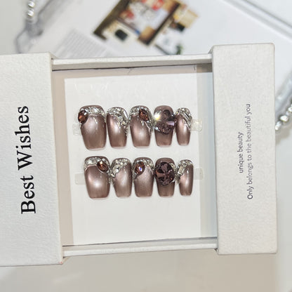 Decorative Press-On Nail Design with Gemstone Accents Acalora