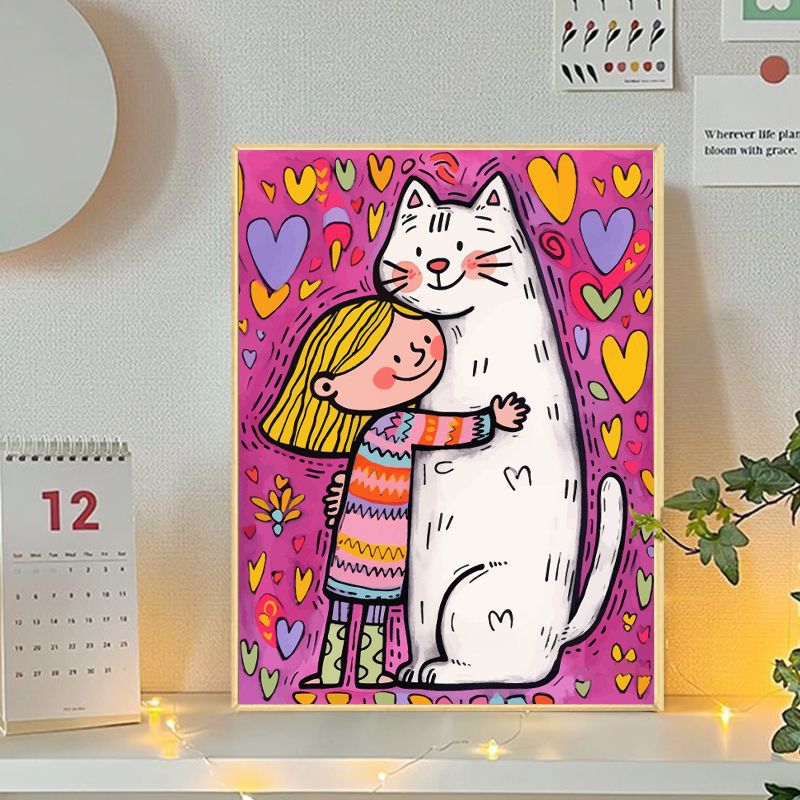 Playful Cat and Girl Illustration Canvas Art