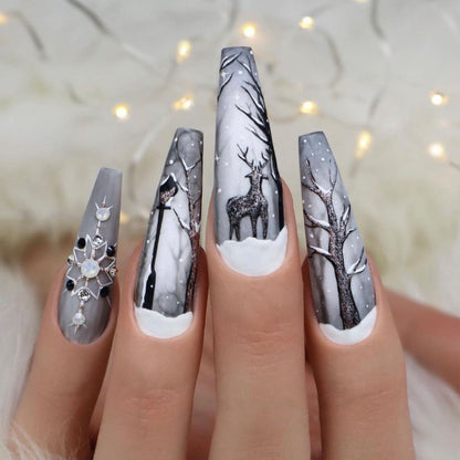 Fashionable Press-On Nail Art Set with Elegant Winter Tree Design Acalora
