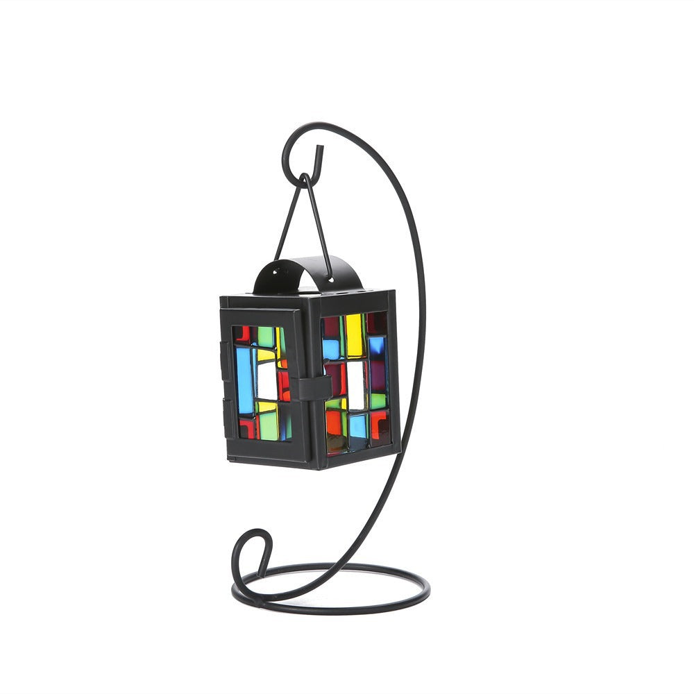 Stained Glass Mosaic Hanging Tealight Lantern with Metal Frame Acalora