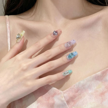 Artistic Press-On Nail Set with Gemstone Embellishments Acalora