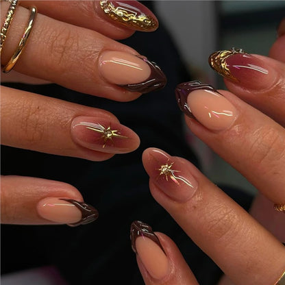 Artistic Press-On Nail Design with Gold Accents Acalora