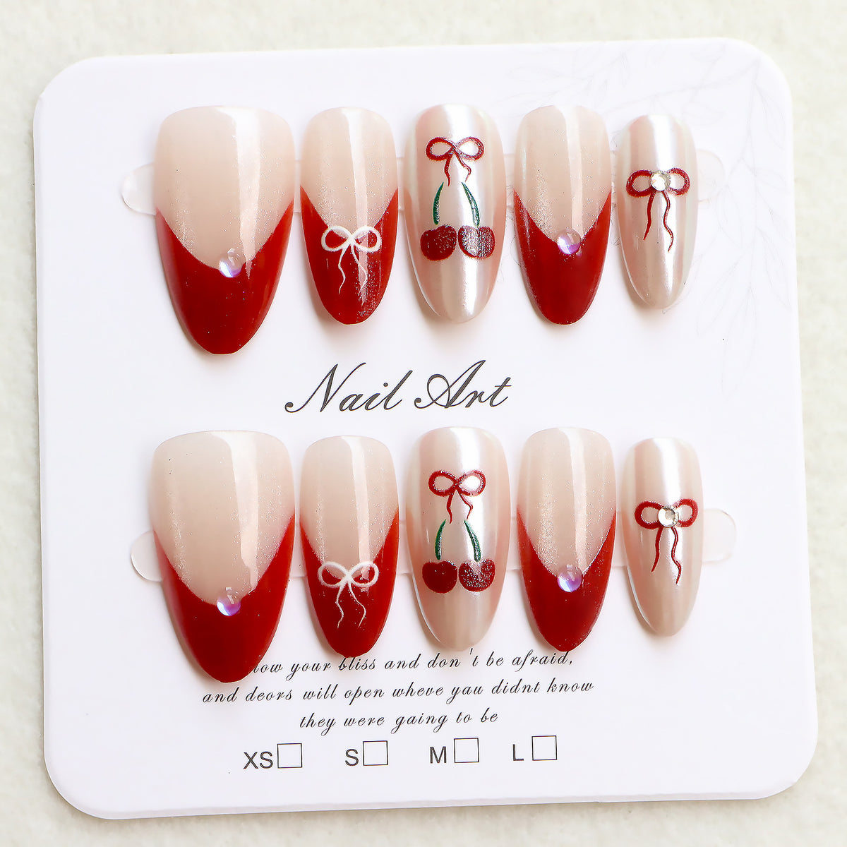 Artistic Press-On Nail Set with Cherry and Ribbon Design Acalora