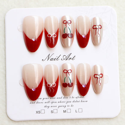 Artistic Press-On Nail Set with Cherry and Ribbon Design Acalora