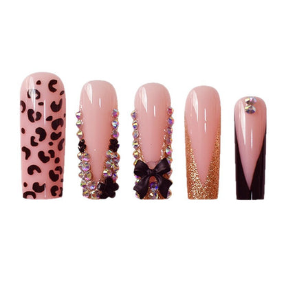 Glamorous Press-On Nail Art Set with Rhinestone and Leopard Accents Acalora