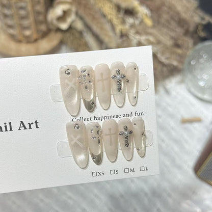 Elegant Decorative Press-On Nail Set with Rhinestone Cross Accents Acalora