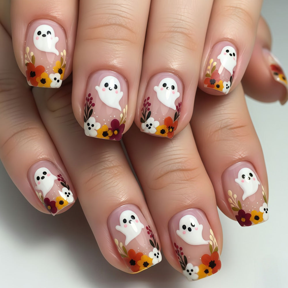 Artificial nails with ghost motif and flower accents Acalora