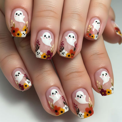 Artificial nails with ghost motif and flower accents Acalora