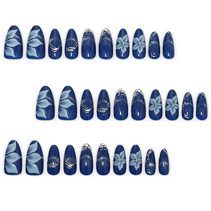 Acrylic Nail Set with Elegant Blue Ombre and Floral Design Acalora