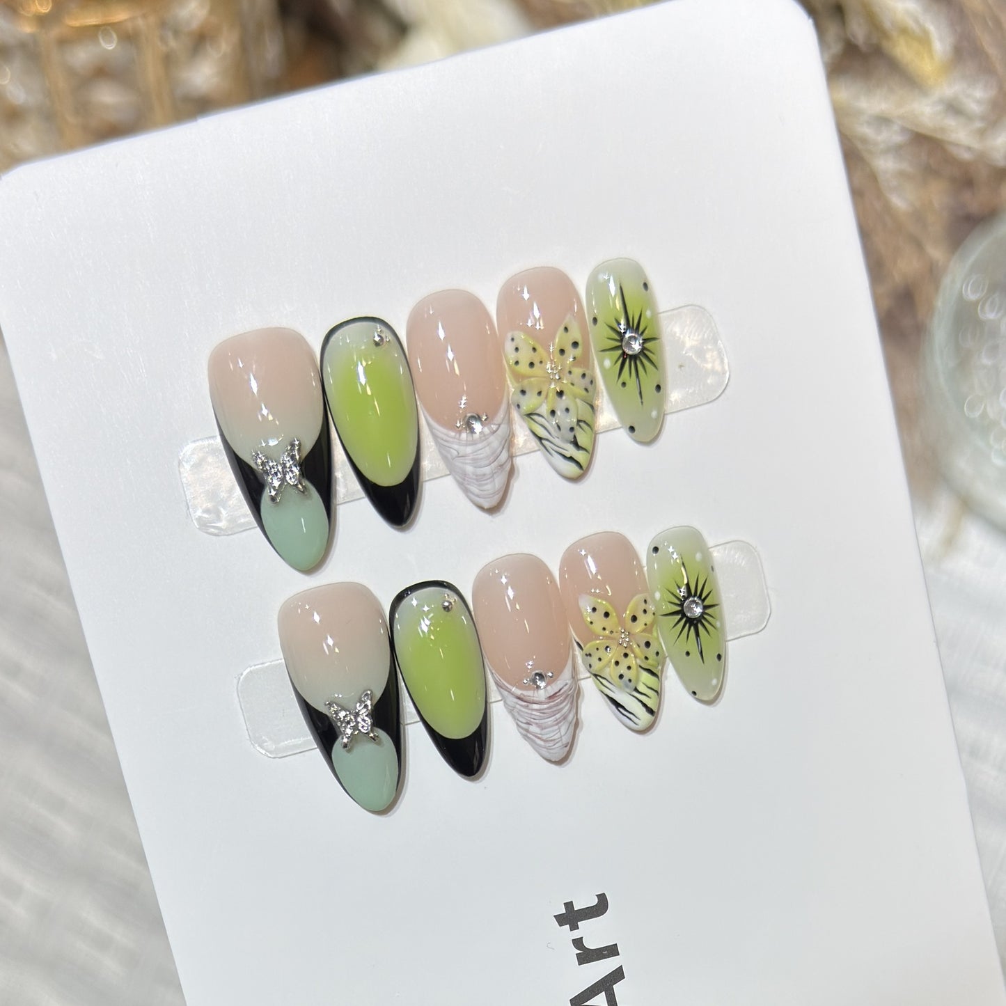 Artistic Press-On Nail Set with Butterfly and Floral Designs Acalora