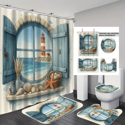 Coastal Lighthouse-Themed Four-Piece Bathroom Set