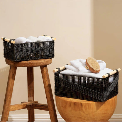 Handwoven Storage Basket with Wooden Handles Acalora