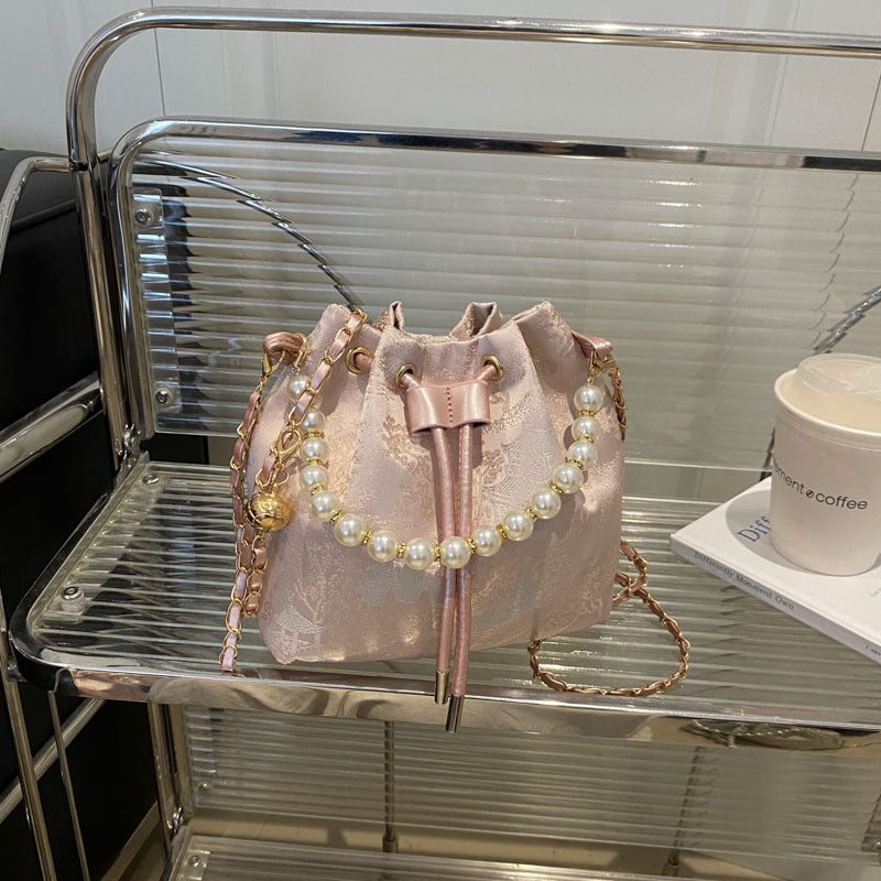 Elegant Floral Print Drawstring Bucket Bag Acalora