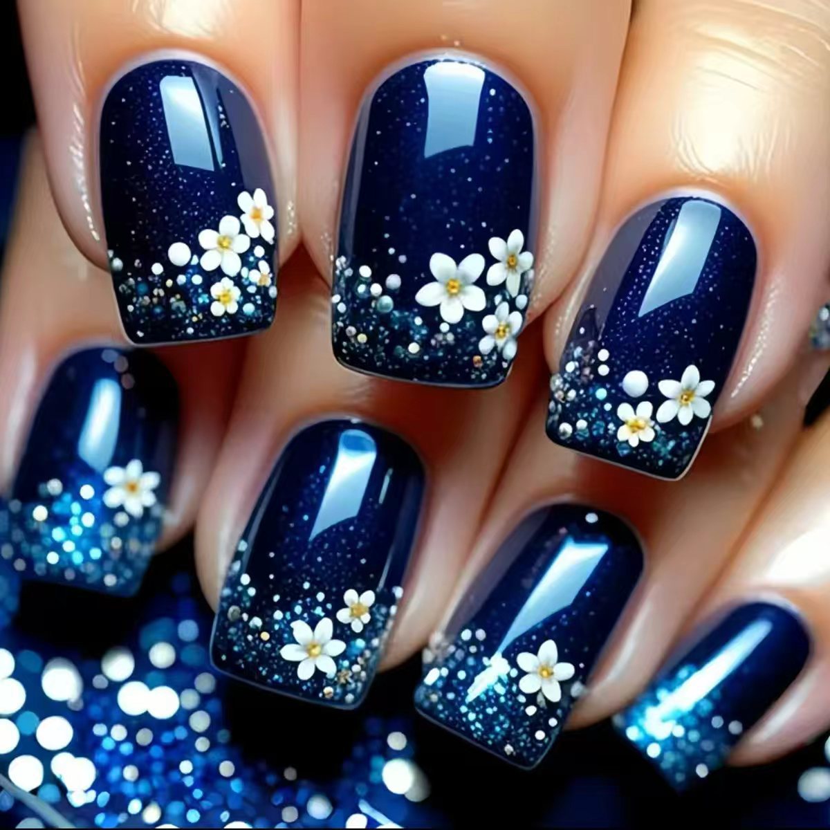 Floral Glittered Nail Art Acalora