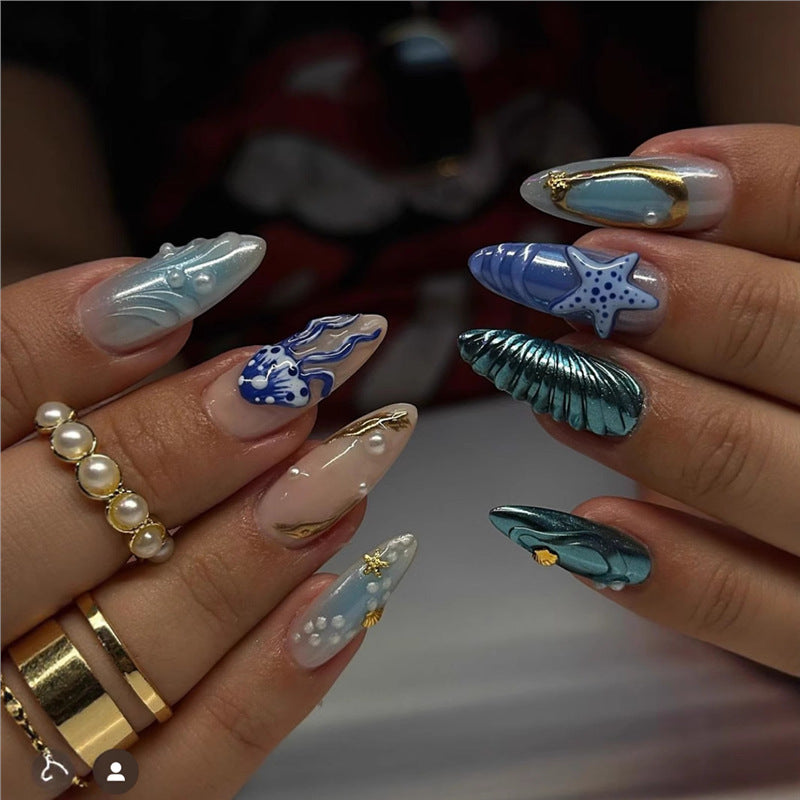 Artistic Beach-Inspired Press-On Nail Art Acalora