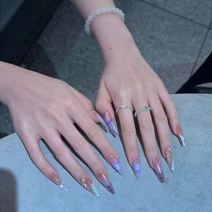 Artistic Stiletto Press-On Nail Design Set with Floral Elements Acalora