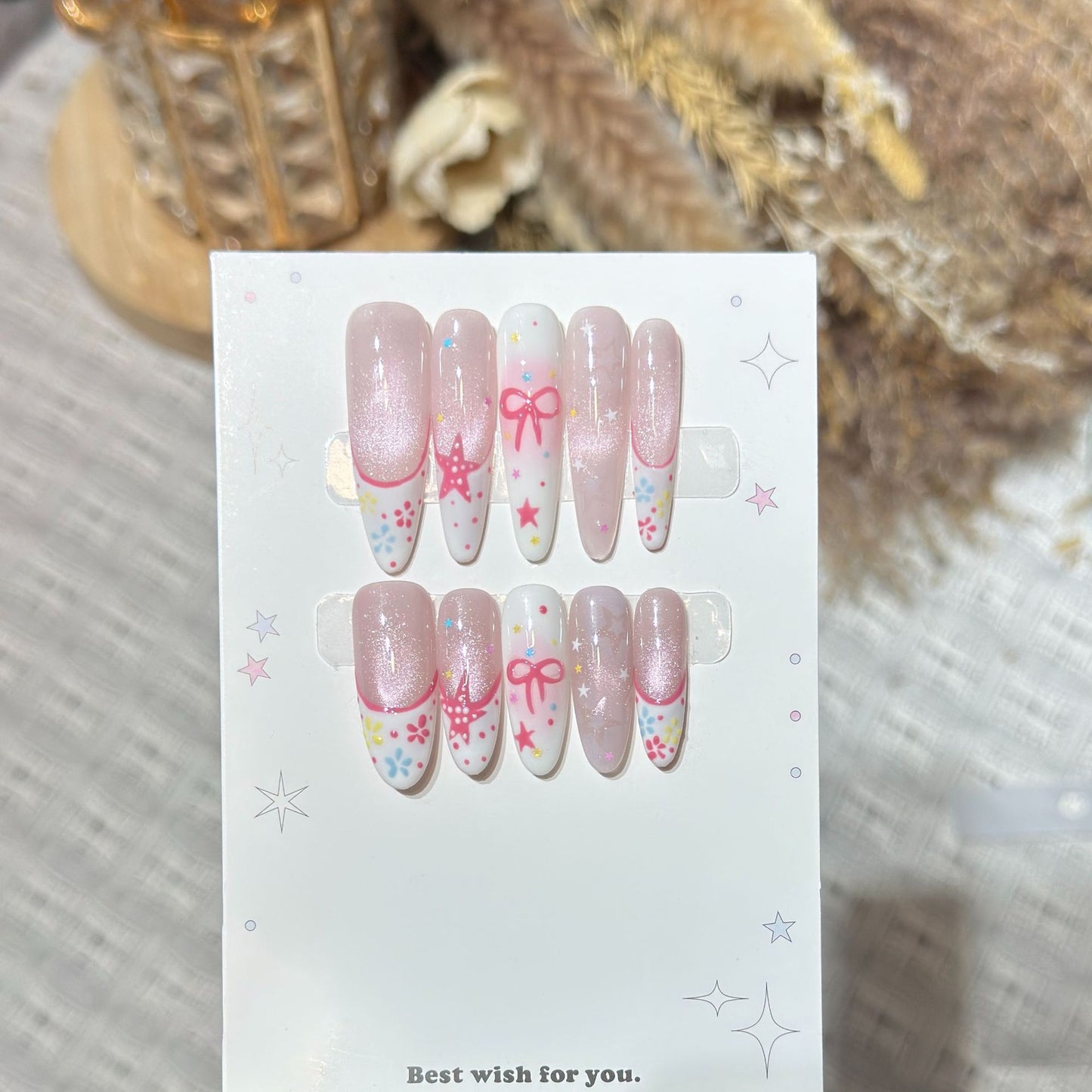Artistic Press-On Nail Art Set with Charming Star and Bow Designs Acalora