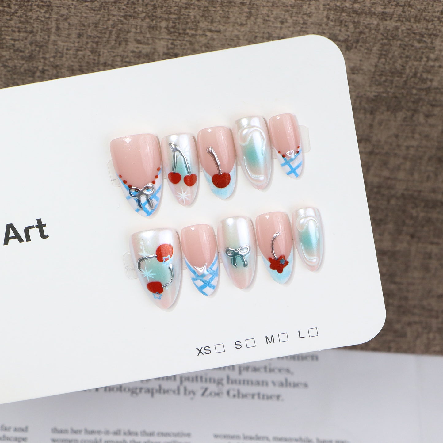 Decorative Press-On Nail Art Set with Charming Cherries and Delicate Accents Acalora