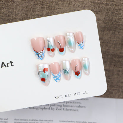 Decorative Press-On Nail Art Set with Charming Cherries and Delicate Accents Acalora