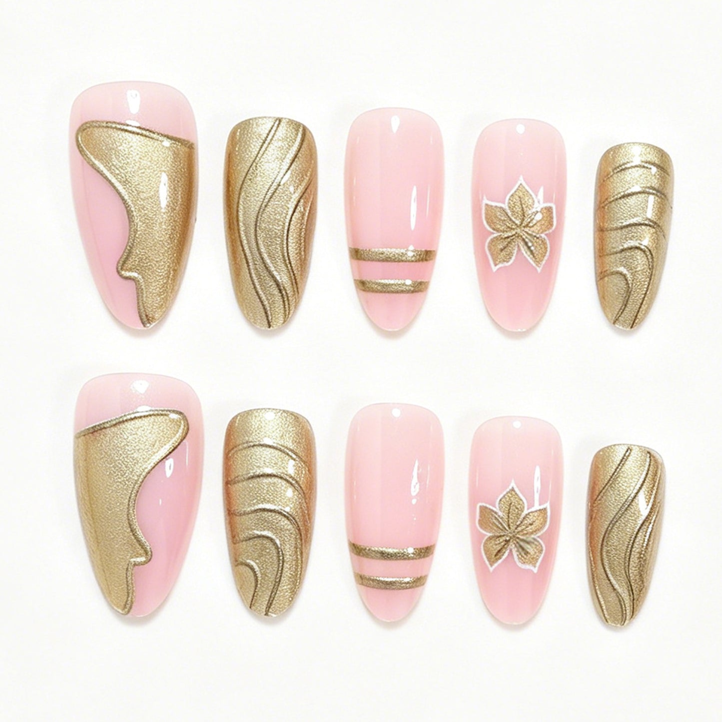 Elegant Metallic Floral Accent Press-On Nails Acalora