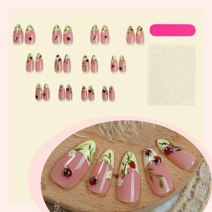 Floral Print Press-On Nails Set with Ladybug and Bee Designs Acalora