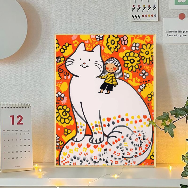 Playful Cat and Girl Illustration Canvas Art