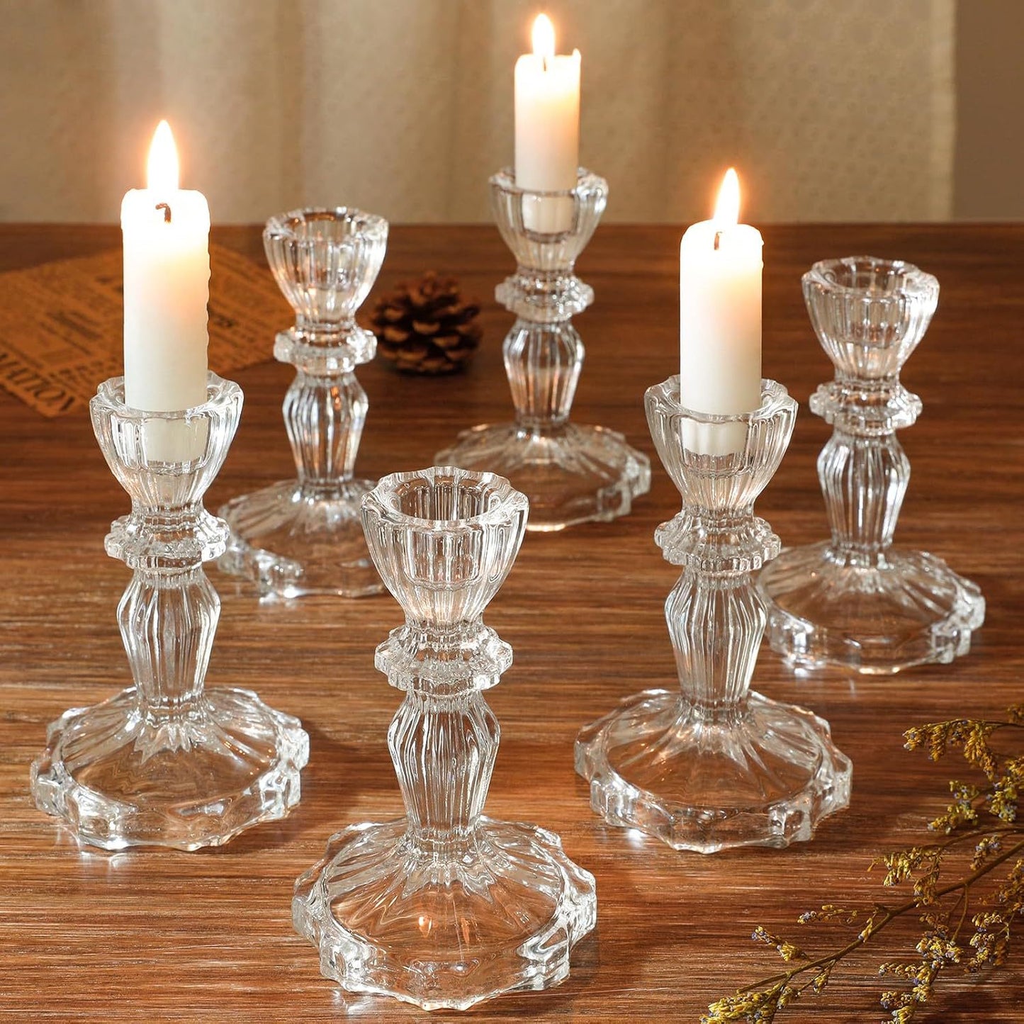 Crystal-cut Glass Candlestick Holder with Ribbed Stem Acalora