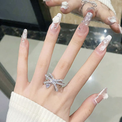 Acrylic nail set with elegant 3D flower and glitter decorations Acalora