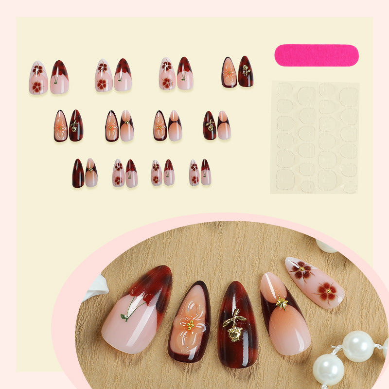 Artistic Press-On Nail Set with Elegant Floral Decor Acalora