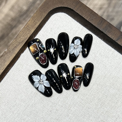 Decorative Press-On Nail Art Set with Floral and Crystal Accents Acalora