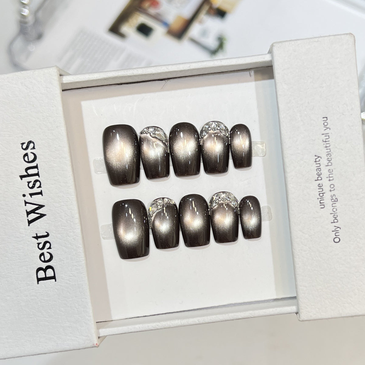 Elegant Press-On Nail Art Set with Rhinestone Accents Acalora