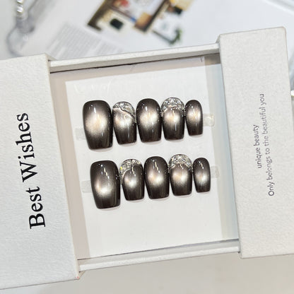Elegant Press-On Nail Art Set with Rhinestone Accents Acalora