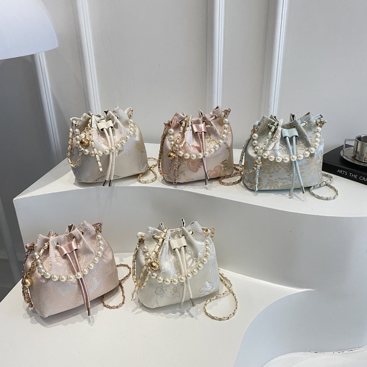 Elegant Floral Print Drawstring Bucket Bag Acalora