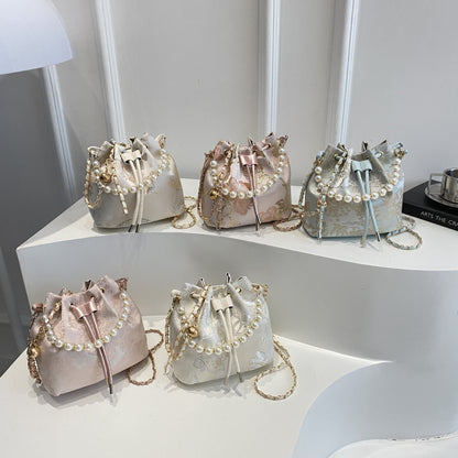 Elegant Floral Print Drawstring Bucket Bag Acalora