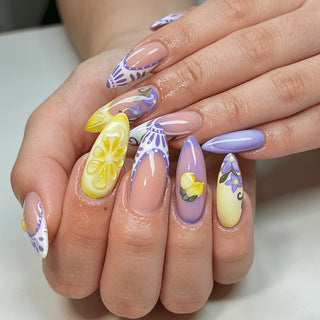 Artificial nails with creative lemon and lilac design Acalora
