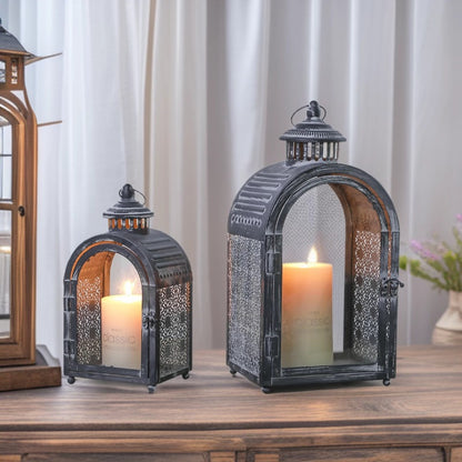 Antique-Style Arched Metal and Textured Glass Candle Lantern for Pillar Candles Acalora
