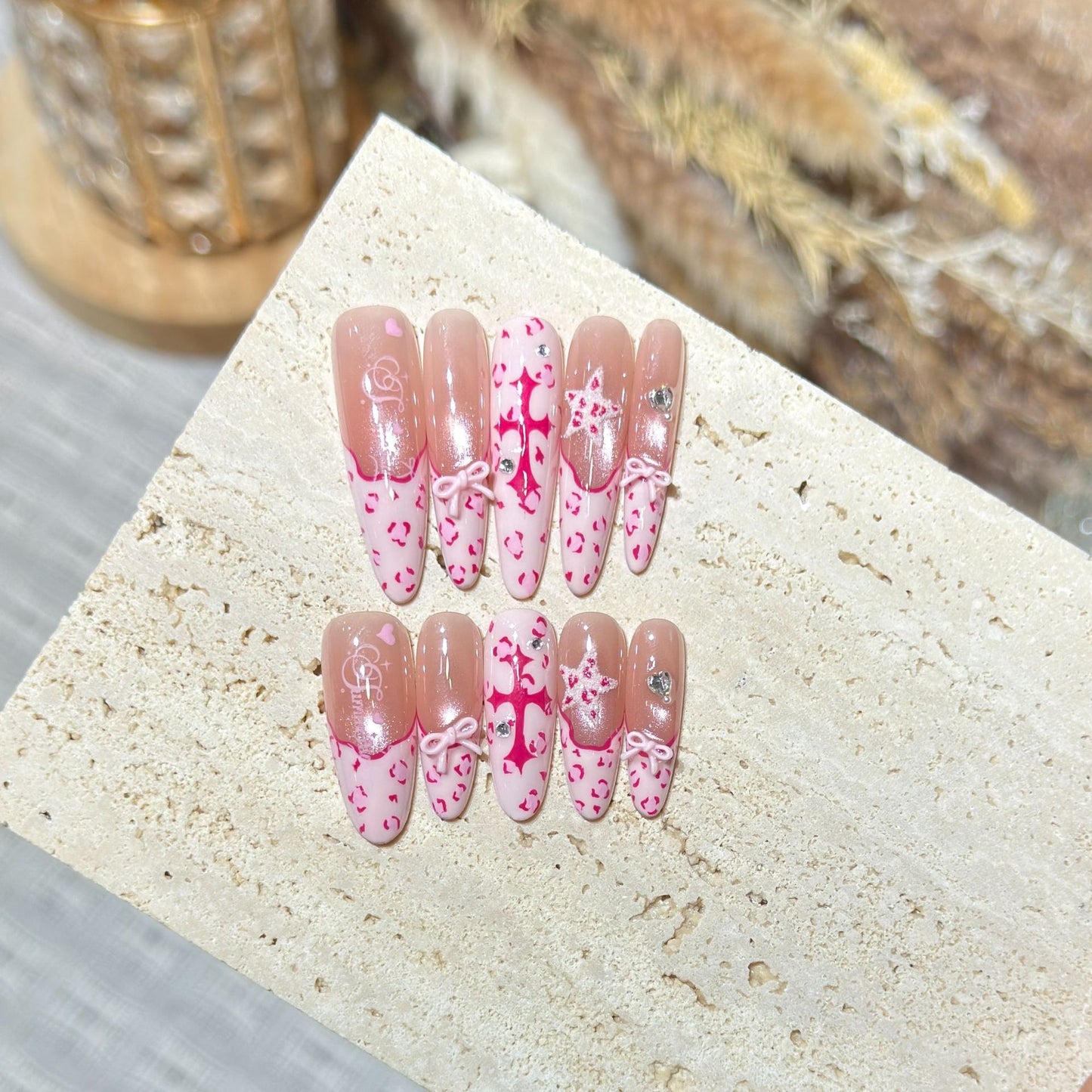 Artistic Stiletto Press-On Nail Set with Heart and Bow Design Acalora