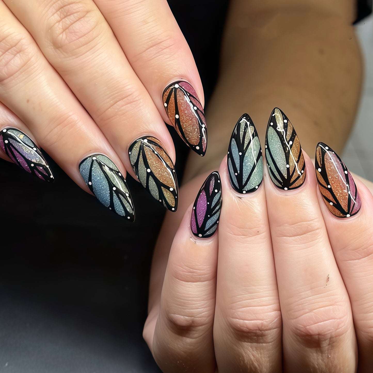Artistic Stiletto Nail Art Set with Leaf Patterns Acalora