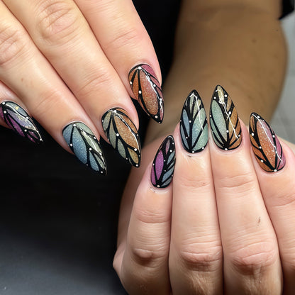 Artistic Stiletto Nail Art Set with Leaf Patterns Acalora
