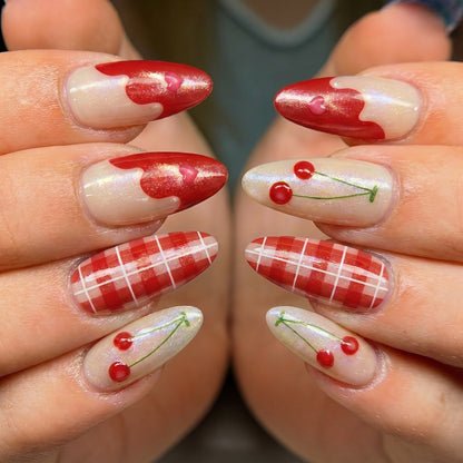 Artificial nails with romantic cherry and checkered pattern Acalora