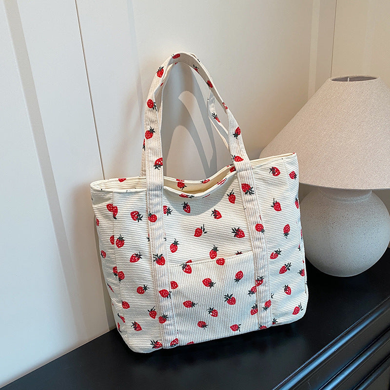 Playful Strawberry Print Corduroy Tote Bag Acalora