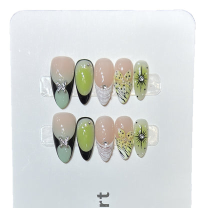 Artistic Press-On Nail Set with Butterfly and Floral Designs Acalora